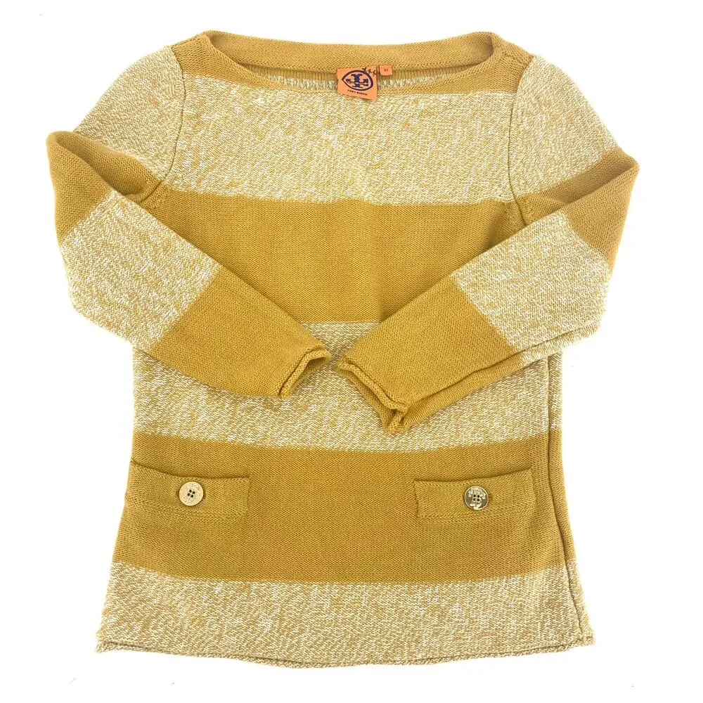 Tory Burch Women’s XS Gold Yellow Striped Cotton Pullover Sweater Pockets Button